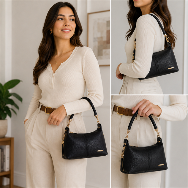 Nas Bag Kadın Mini Omuz ve Çapraz Çanta Örgülü Askılı (en: 23 cm , boy: 14 cm) Siyah Lopez
