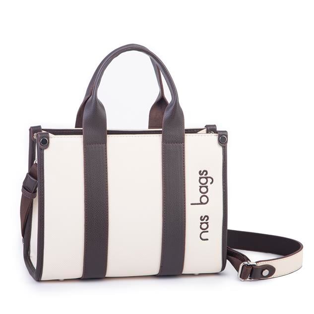 Nas Bag Kadın Mini Tote Suni Deri El ve Omuz Çantası Krem Kahve Lacst