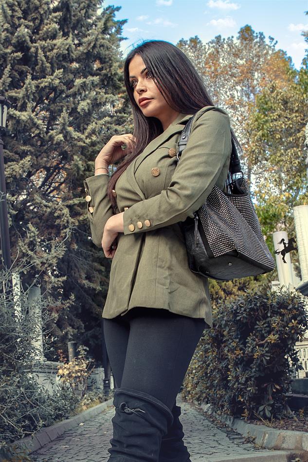 Nas Bag Kadın Omuz Çantası Siyah Gümüş Taşlı
