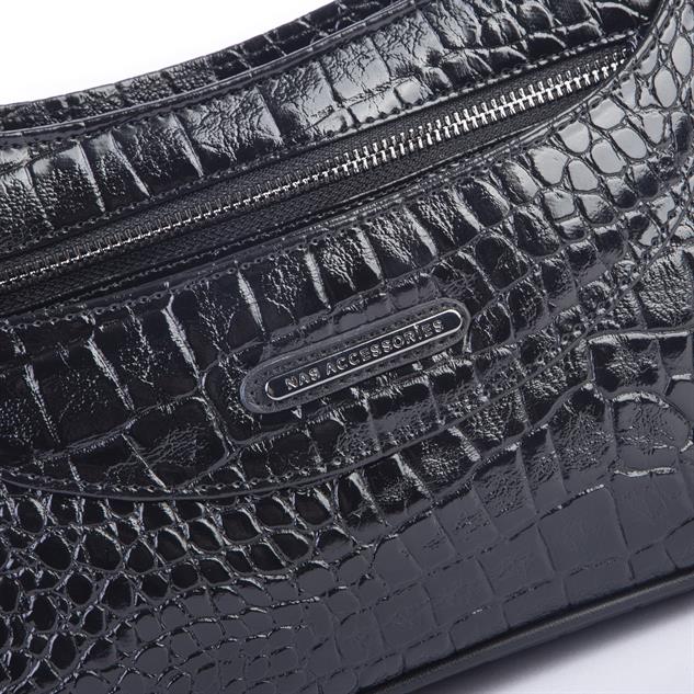 Nas Bag Kadın Omuz ve Çapraz Baget Çanta Siyah Kroko ( 28x17  cm)