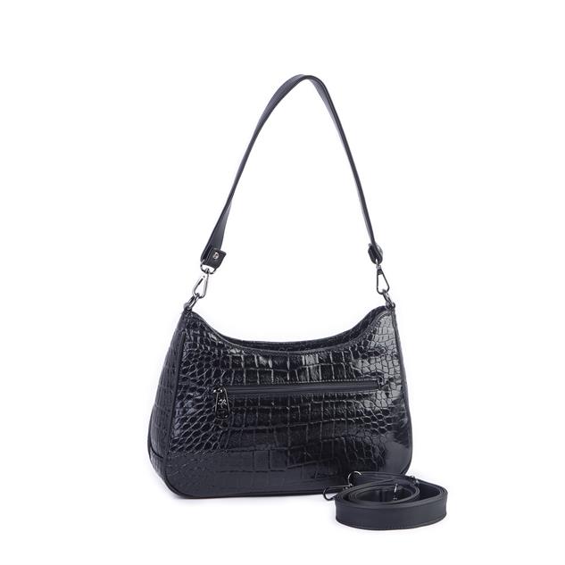 Nas Bag Kadın Omuz ve Çapraz Baget Çanta Siyah Kroko ( 28x17  cm)