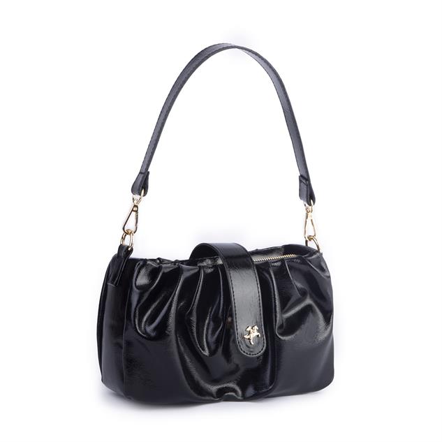 Nas Bag Kadın Omuz ve Çapraz Çanta Çift Askılı Siyah  Krşk Rugan  (24x18cm)