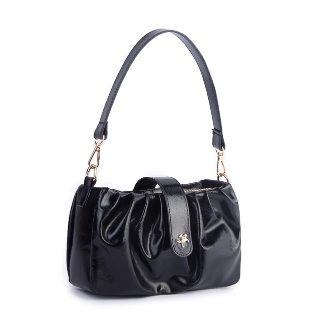 Nas Bag Kadın Omuz ve Çapraz Çanta Çift Askılı Siyah  Krşk Rugan  (24x18cm)