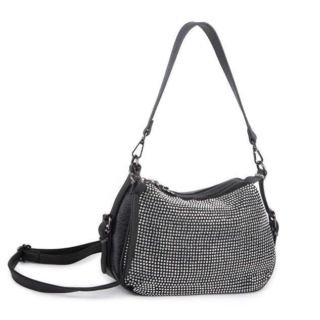 Nas Bag Kadın Omuz ve Çapraz Çanta Çok Gözlü Şık Tasarım (28x18 cm) Siyah Gümüş Taşlı