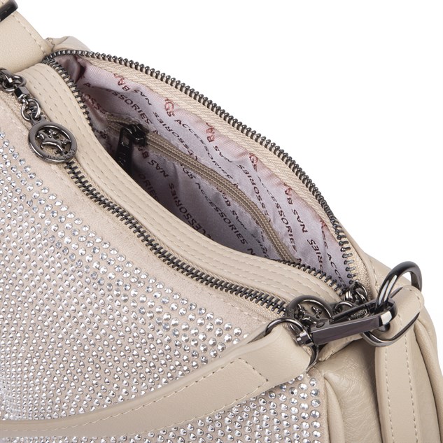 Nas Bag Kadın Omuz ve Çapraz Çanta Çok Gözlü Şık Tasarım (28x18 cm) Kum Taşlı