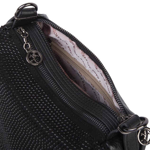 Nas Bag Kadın Omuz ve Çapraz Çanta Çok Gözlü Şık Tasarım (28x18 cm) Siyah  Taşlı