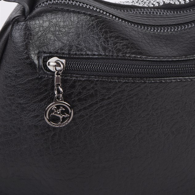 Nas Bag Kadın Omuz ve Çapraz Çanta Çok Gözlü Şık Tasarım (28x18 cm) Siyah Gümüş Taşlı