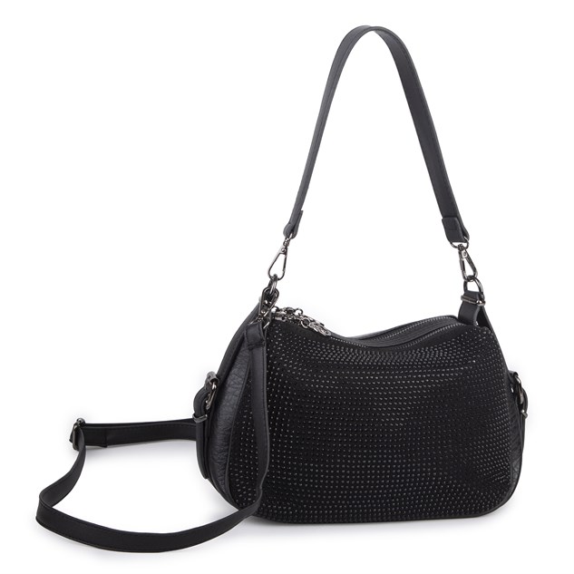 Nas Bag Kadın Omuz ve Çapraz Çanta Çok Gözlü Şık Tasarım (28x18 cm) Siyah  Taşlı