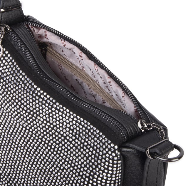 Nas Bag Kadın Omuz ve Çapraz Çanta Çok Gözlü Şık Tasarım (28x18 cm) Siyah Gümüş Taşlı
