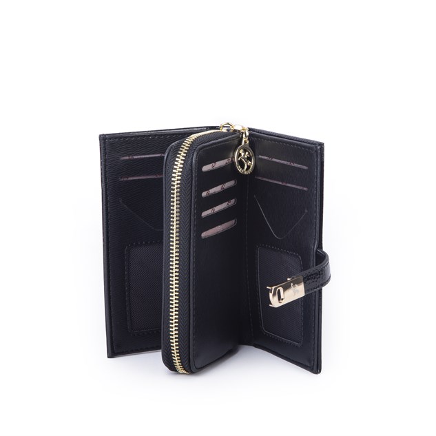 Nas Bag Kadın Orta Boy Kartlık Kağıt Para ve Bozuk Para Tasarımına Sahip Siyah Rugan [16x9 cm]