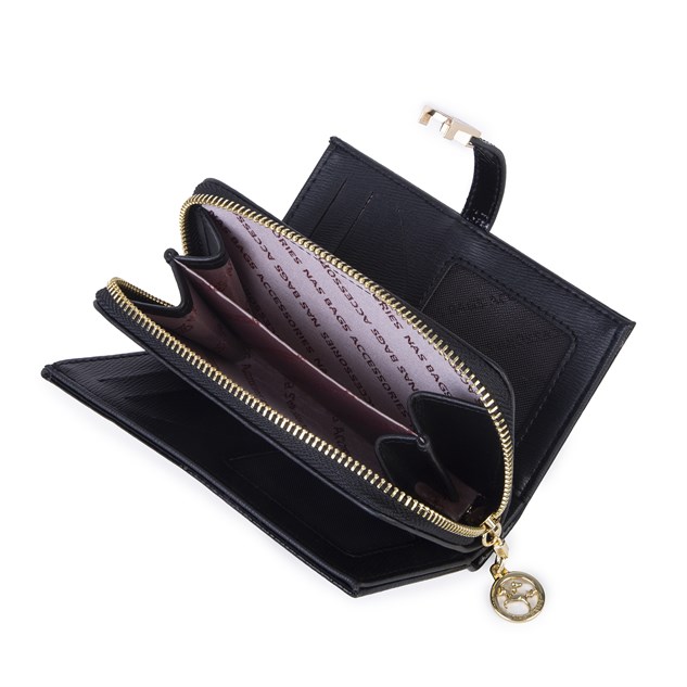 Nas Bag Kadın Orta Boy Kartlık Kağıt Para ve Bozuk Para Tasarımına Sahip Siyah Rugan [16x9 cm]