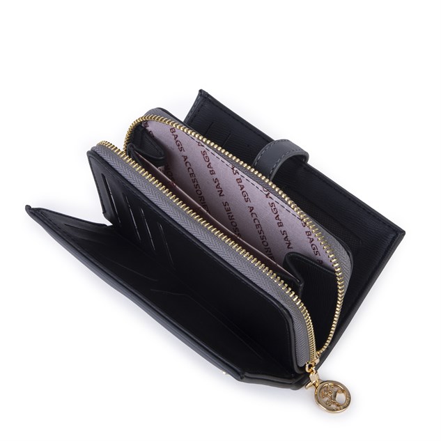 Nas Bag Kadın Orta Boy Kartlık Kağıt Para ve Bozuk Para Tasarımına Sahip Gri Siyah Dona [16x9 cm]