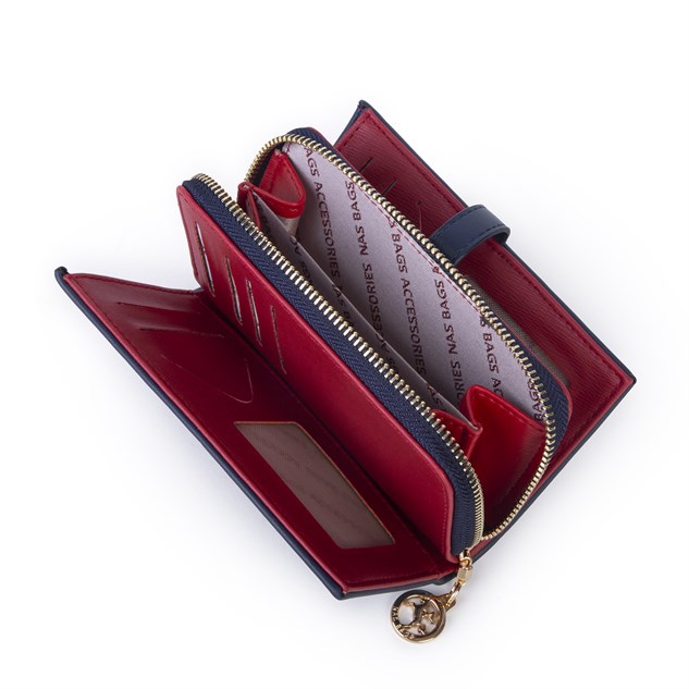 Nas Bag Kadın Orta Boy Kartlık Kağıt Para ve Bozuk Para Tasarımına Sahip Lacivert Kırmızı Dona [16x9 cm]