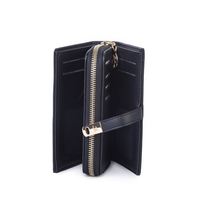 Nas Bag Kadın Orta Boy Kartlık Kağıt Para ve Bozuk Para Tasarımına Sahip Siyah Dona [16x9 cm]
