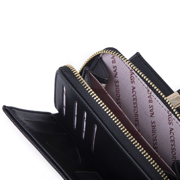 Nas Bag Kadın Orta Boy Kartlık Kağıt Para ve Bozuk Para Tasarımına Sahip Siyah Victoria [16x9 cm]