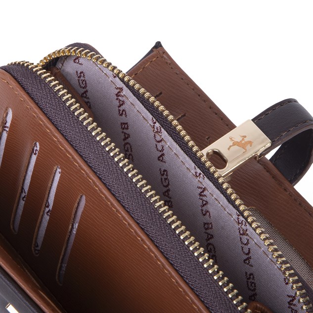 Nas Bag Kadın Orta Boy Kartlık Kağıt Para ve Bozuk Para Tasarımına Sahip Kahve Taba Dona [16x9 cm]