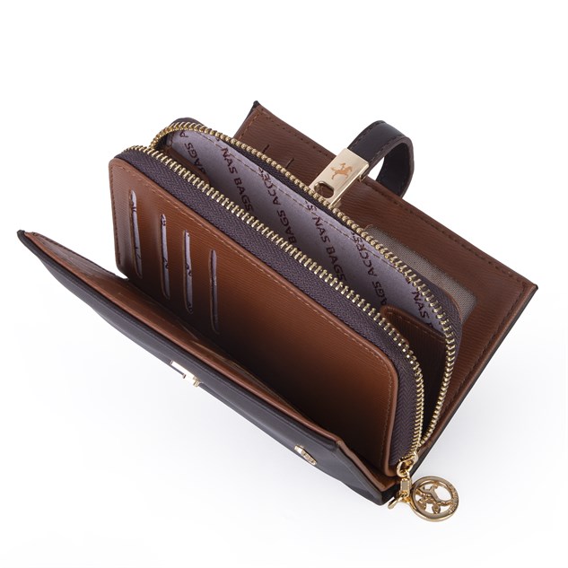 Nas Bag Kadın Orta Boy Kartlık Kağıt Para ve Bozuk Para Tasarımına Sahip Kahve Taba Dona [16x9 cm]