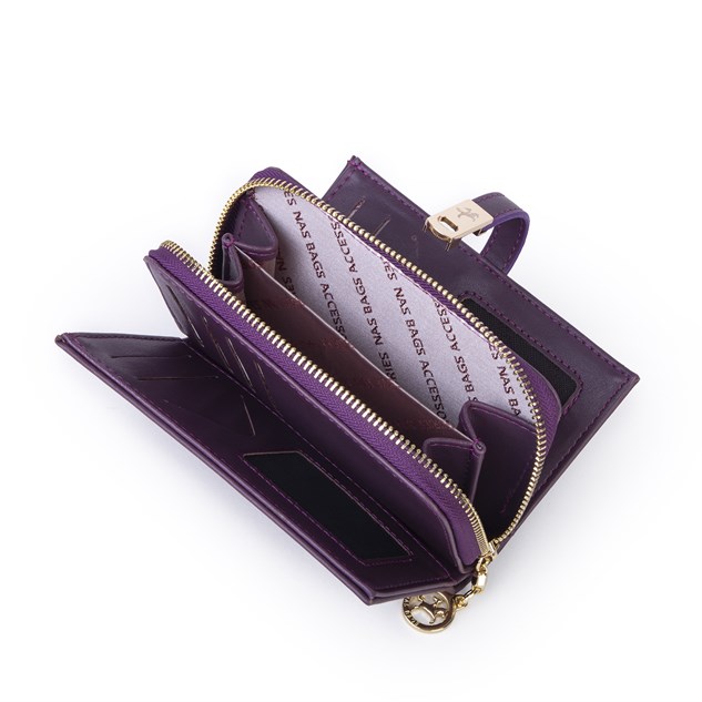 Nas Bag Kadın Orta Boy Kartlık Kağıt Para ve Bozuk Para Tasarımına Sahip Mor Dona [16x9 cm]