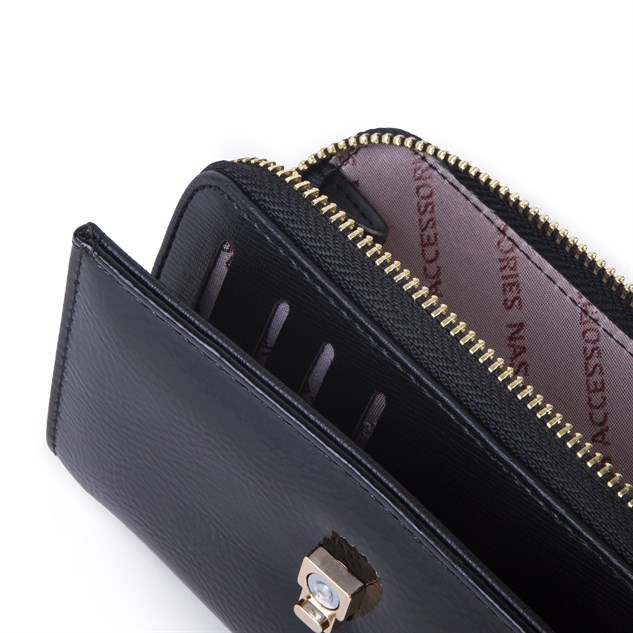 Nas Bag Kadın Orta Boy Kartlık Kağıt Para ve Bozuk Para Tasarımına Sahip Siyah Rugan [16x9 cm]