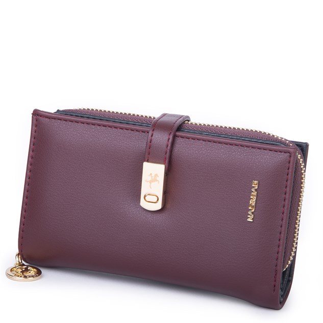 Nas Bag Kadın Orta Boy Kartlık Kağıt Para ve Bozuk Para Tasarımına Sahip Bordo Dona [16x9 cm]