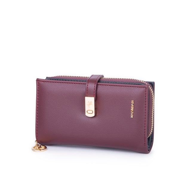 Nas Bag Kadın Orta Boy Kartlık Kağıt Para ve Bozuk Para Tasarımına Sahip Bordo Dona [16x9 cm]