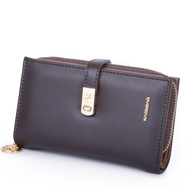 Nas Bag Kadın Orta Boy Kartlık Kağıt Para ve Bozuk Para Tasarımına Sahip Kahve Taba Dona [16x9 cm]