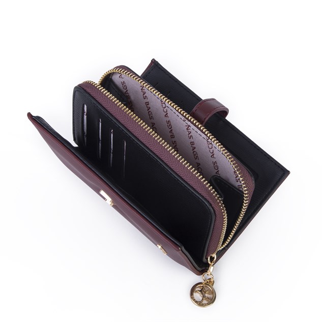Nas Bag Kadın Orta Boy Kartlık Kağıt Para ve Bozuk Para Tasarımına Sahip Bordo Dona [16x9 cm]
