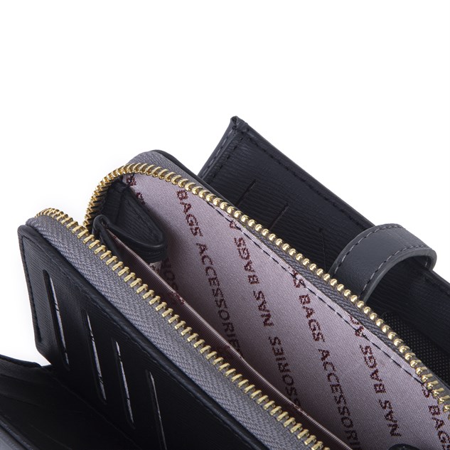 Nas Bag Kadın Orta Boy Kartlık Kağıt Para ve Bozuk Para Tasarımına Sahip Gri Siyah Dona [16x9 cm]