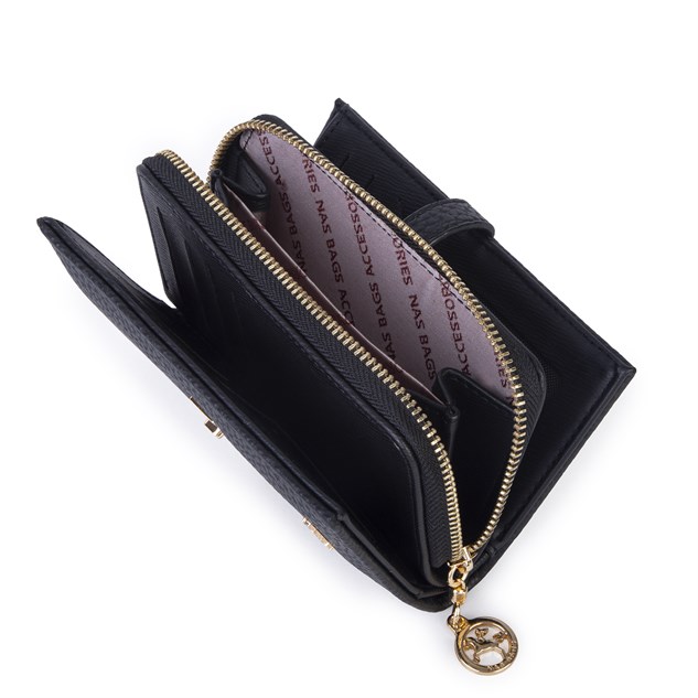 Nas Bag Kadın Orta Boy Kartlık Kağıt Para ve Bozuk Para Tasarımına Sahip Siyah Lopez [16x9 cm]