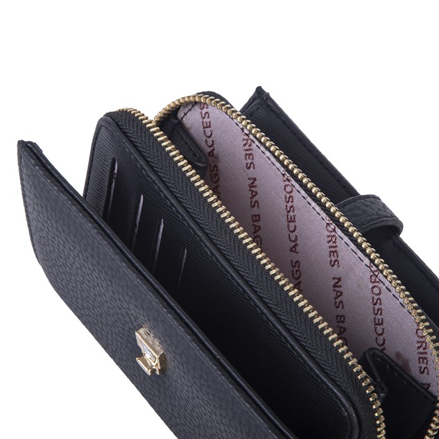 Nas Bag Kadın Orta Boy Kartlık Kağıt Para ve Bozuk Para Tasarımına Sahip Siyah Lopez [16x9 cm]