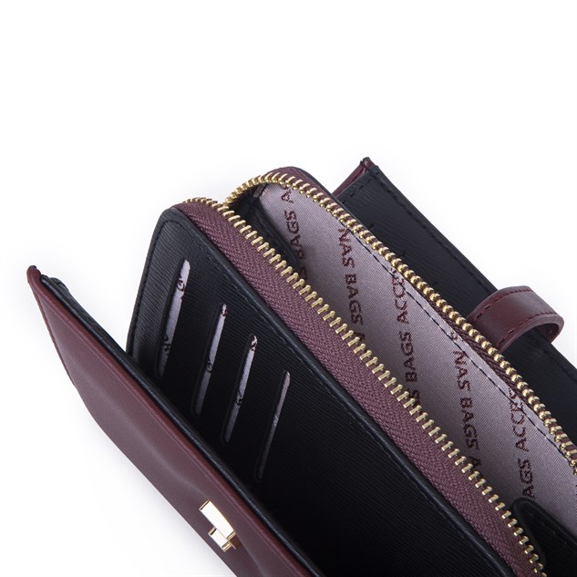 Nas Bag Kadın Orta Boy Kartlık Kağıt Para ve Bozuk Para Tasarımına Sahip Bordo Dona [16x9 cm]