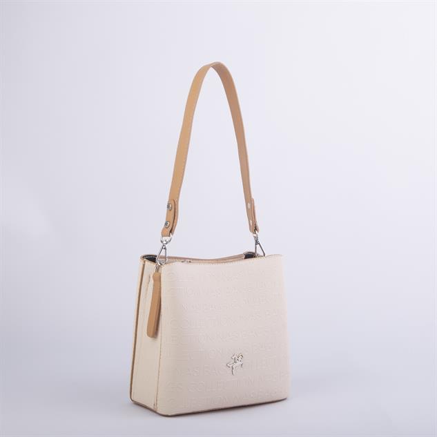 Nas Bag Kadın Postacı Çanta Çift Askılı Krem Camel Gofraj
