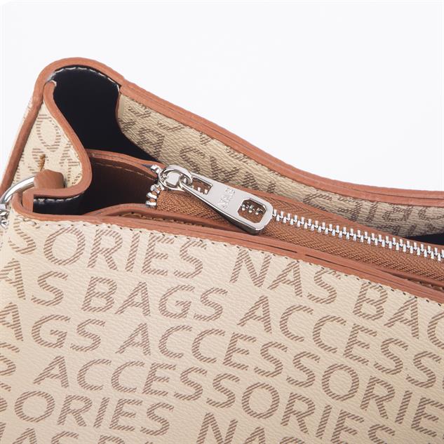 Nas Bag Kadın Postacı Çanta Çift Askılı Vizon Taba Yazılı