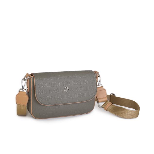 Nas Bag Kadın Postacı Çantası Çift Askılı Yeşil Camel Gofraj (22x16x5 cm)