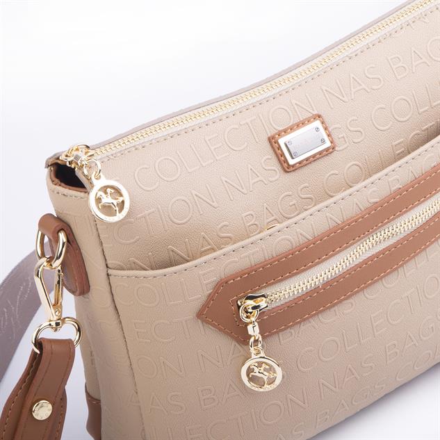 Nas Bag Kadın Postacı Çapraz Çanta Vizon Taba Gofraj (en 25 cm ;boy 22 cm )