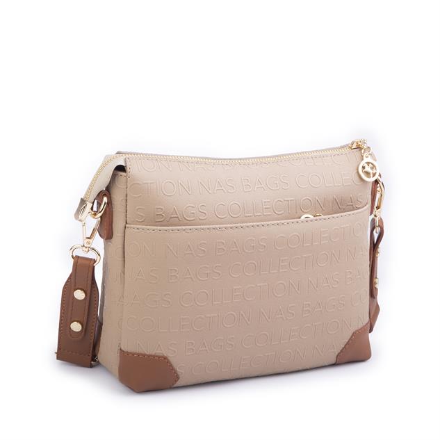 Nas Bag Kadın Postacı Çapraz Çanta Vizon Taba Gofraj (en 25 cm ;boy 22 cm )