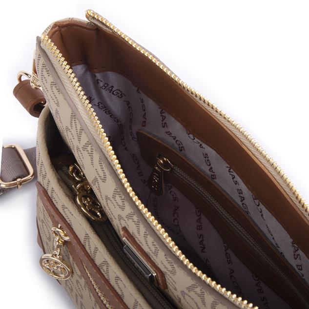 Nas Bag Kadın Postacı Çapraz Çanta Vizon Taba Yazılı (en 25 cm ; boy 22 cm )
