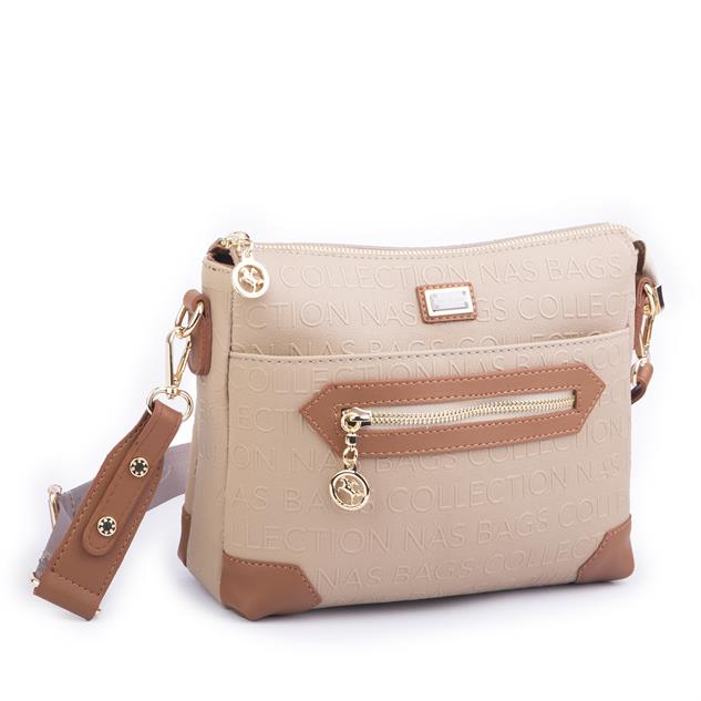 Nas Bag Kadın Postacı Çapraz Çanta Vizon Taba Gofraj (en 25 cm ;boy 22 cm )
