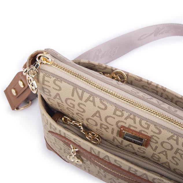 Nas Bag Kadın Postacı Çapraz Çanta Vizon Taba Yazılı (en 25 cm ; boy 22 cm )