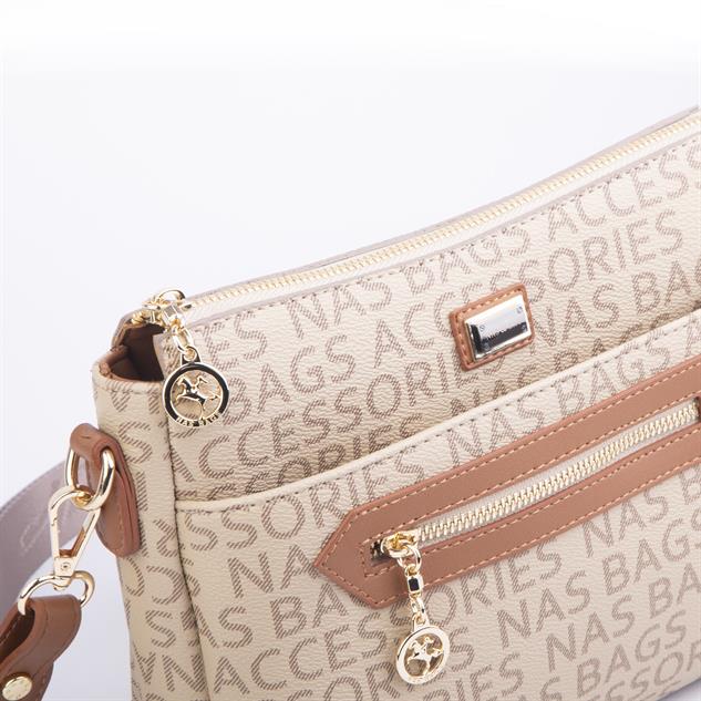Nas Bag Kadın Postacı Çapraz Çanta Vizon Taba Yazılı (en 25 cm ; boy 22 cm )