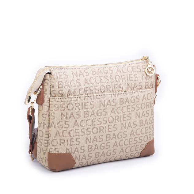 Nas Bag Kadın Postacı Çapraz Çanta Vizon Taba Yazılı (en 25 cm ; boy 22 cm )