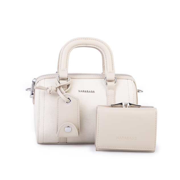 Nas Bag Kadın Premium Mini 2li set El Omuz ve Çapraz Çanta ile Cüzdan Seti Krem