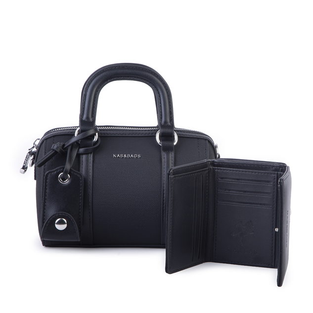 Nas Bag Kadın Premium Mini 2li set El Omuz ve Çapraz Çanta ile Cüzdan Seti Siyah