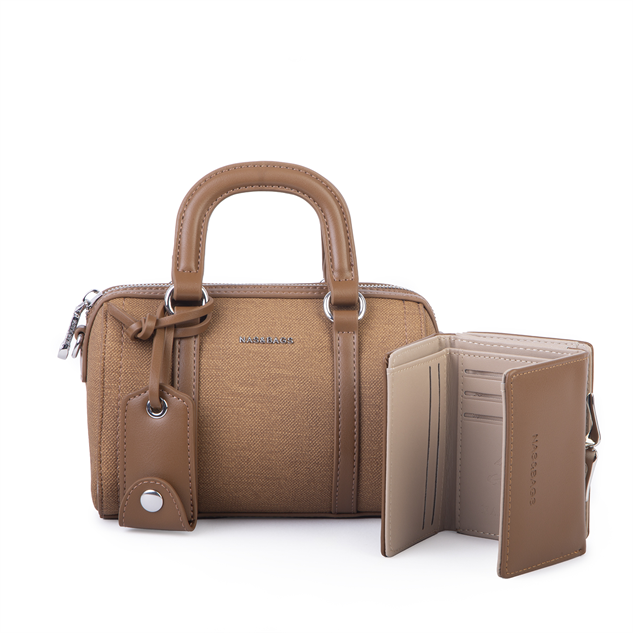 Nas Bag Kadın Premium Mini 2li set El Omuz ve Çapraz Çanta ile Cüzdan Seti Taba 
