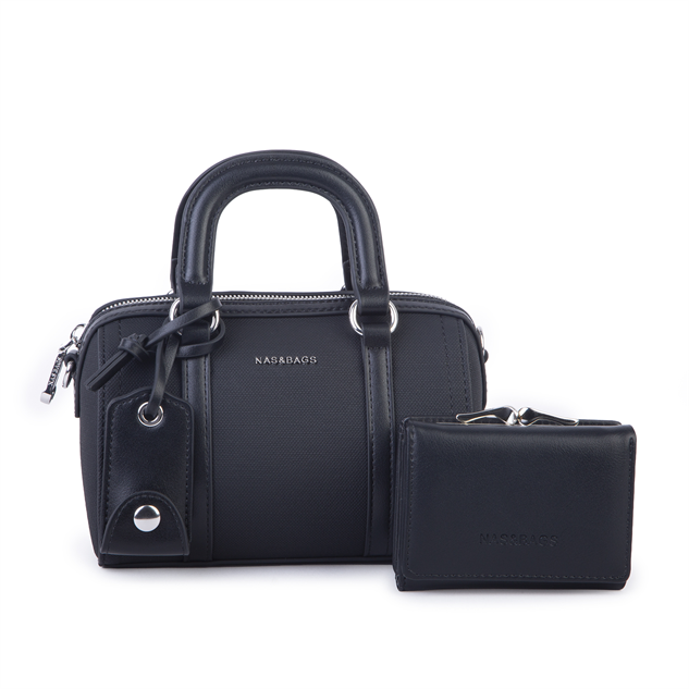 Nas Bag Kadın Premium Mini 2li set El Omuz ve Çapraz Çanta ile Cüzdan Seti Siyah