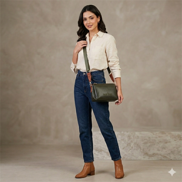 Nas Bag Kadın Sade Günlük Postacı Çantası ( 25x16 cm) Haki Taba Victoria