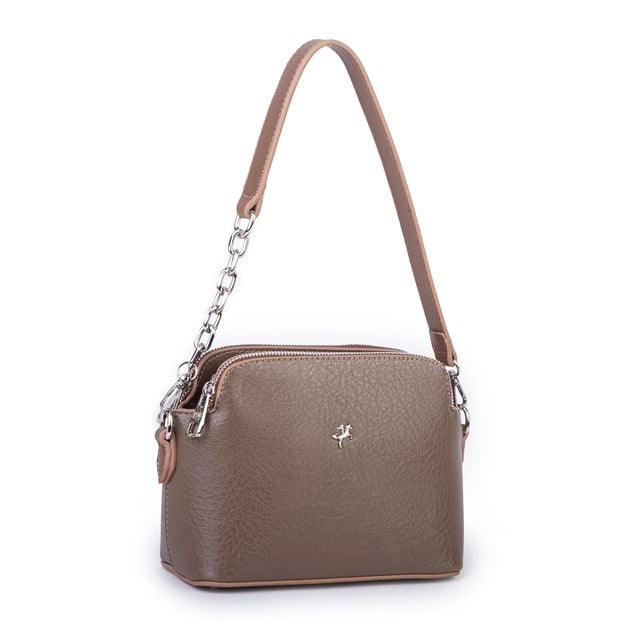 Nas Bag Kadın Sade Şık Omuz ve Çapraz Zincirli ve Uzun Çift Askılı (20x15 cm) Vizon Victoria