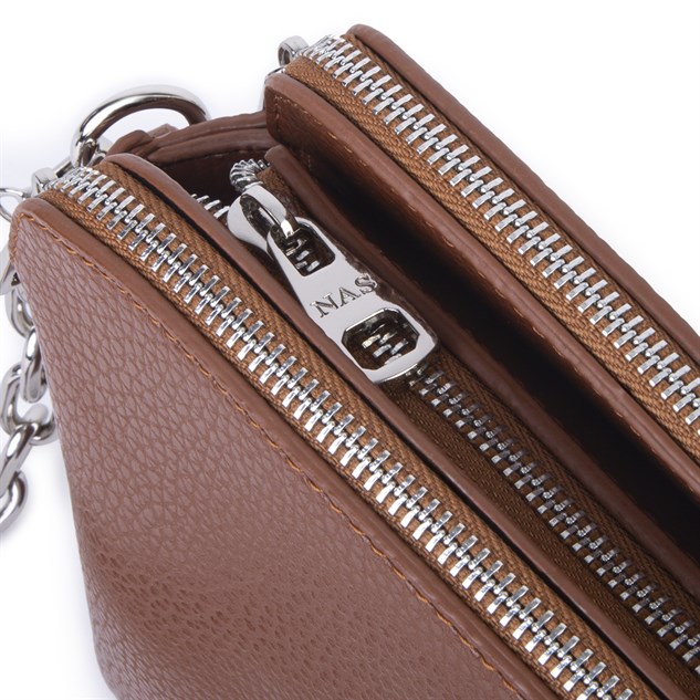 Nas Bag Kadın Sade Şık Omuz ve Çapraz Zincirli ve Uzun Çift Askılı (20x15 cm) Taba Lopez