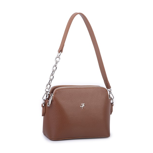 Nas Bag Kadın Sade Şık Omuz ve Çapraz Zincirli ve Uzun Çift Askılı (20x15 cm) Taba Lopez