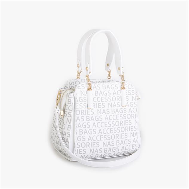 Nas Bag Kadın Sade ve Şık El ve Omuz Çantası Beyaz  Yazılı  (Ölçüsü:24x21x16)